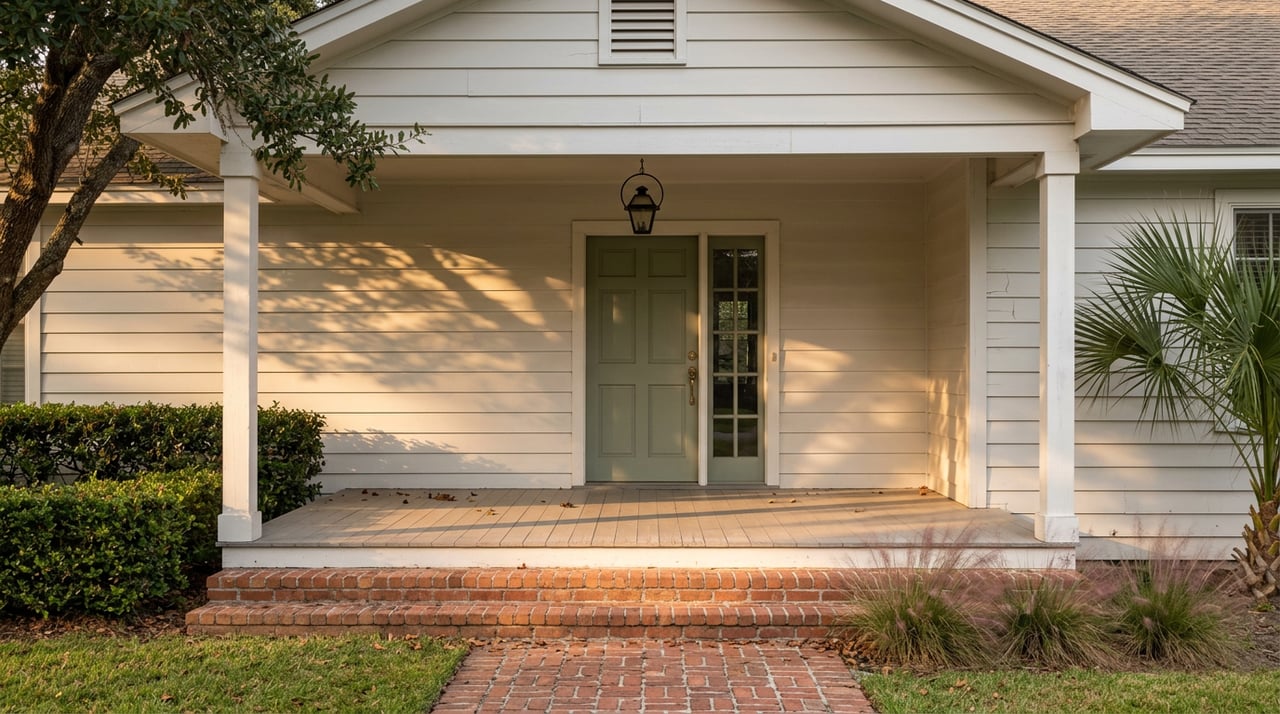 Sage-green front door and multipane sidelight beneath a white porch, with brick steps and oak leaves.