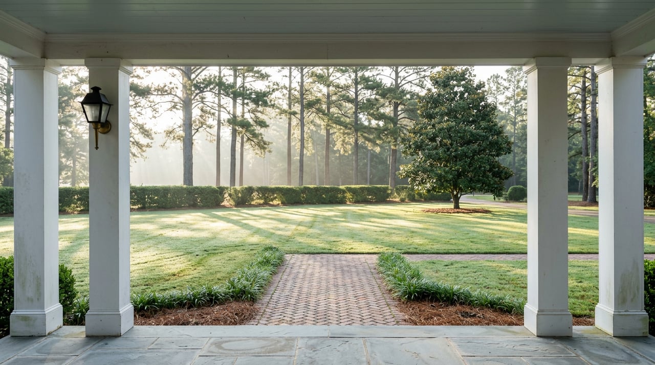 White portico columns frame a brick walkway across a manicured lawn toward a boxwood hedge and tall pines.