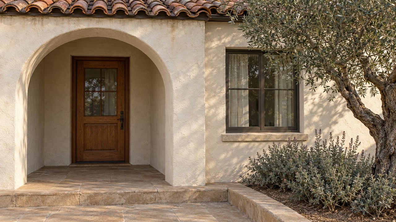 Clay-tiled stucco entry with a shaded arched porch, oak door, sandstone step and olive planting.