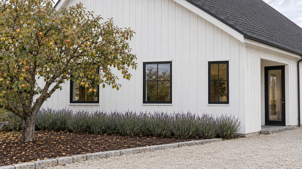 White farmhouse side gable with black-framed windows, partly overlapped by an apple tree bearing red-yellow fruit.