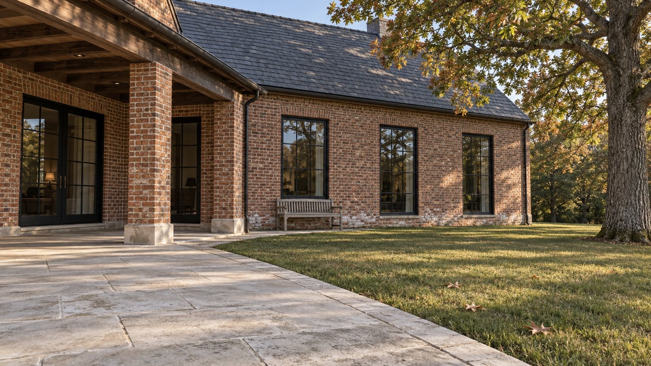 Brick country residence with a slate roof, covered porch and limestone terrace beside a broad lawn and mature white oak.