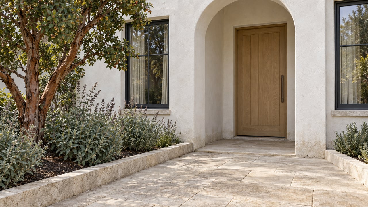 White stucco home entrance with a pale oak door, limestone approach and a strawberry tree beside the windows.