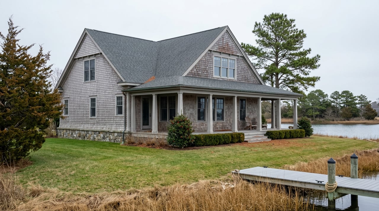 Shingle-style waterfront house beyond a broad lawn, with mature trees, marsh grass, and a short pier.