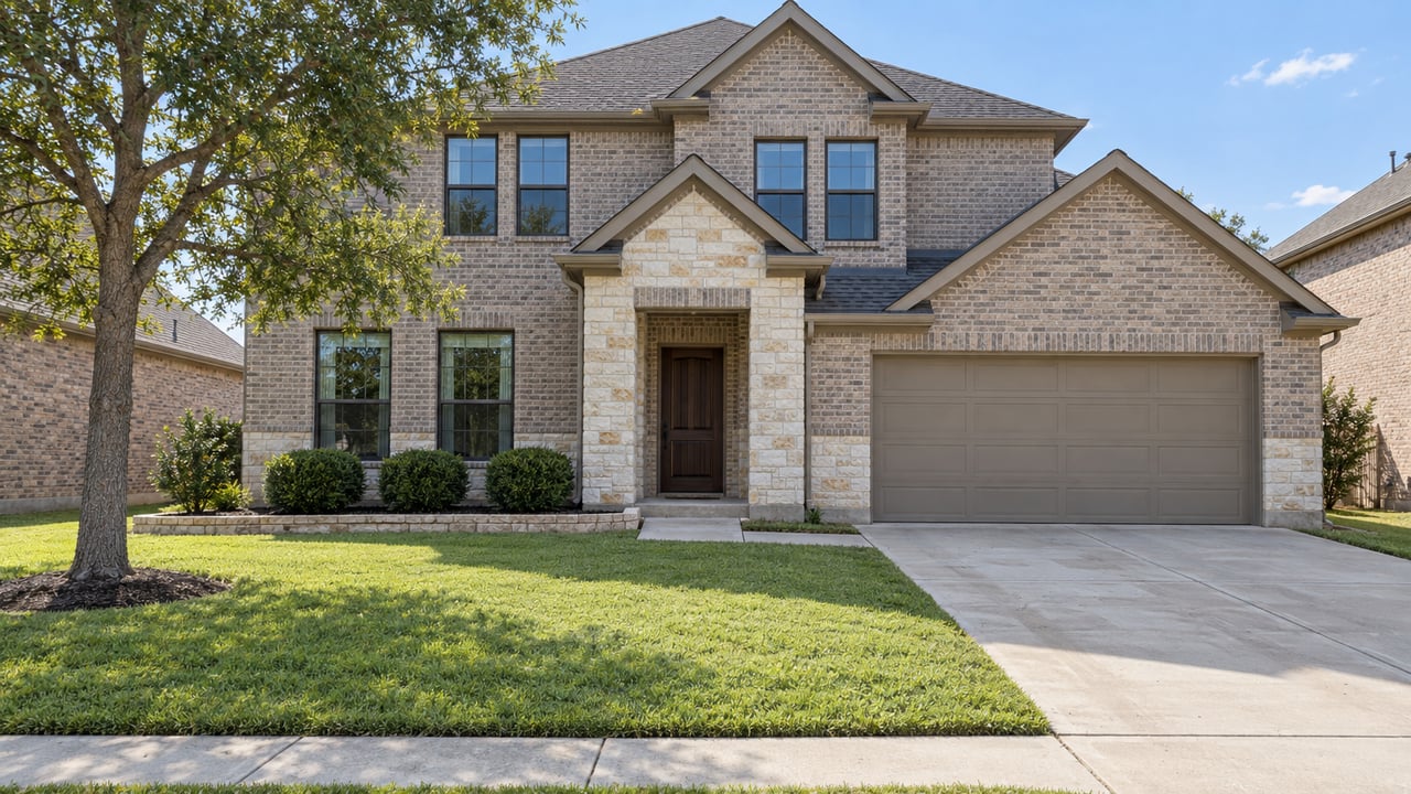 Two-story gray brick and cream limestone home with a deep lawn, mature oak and broad concrete driveway in clear daylight.