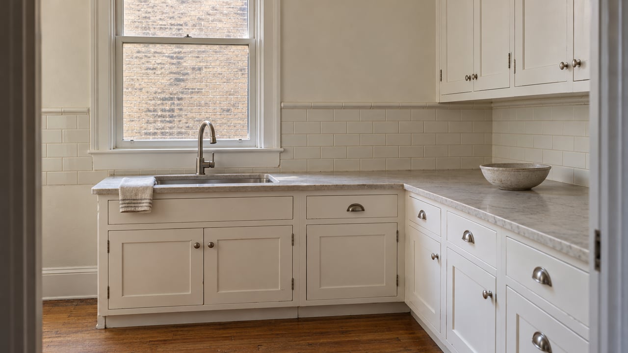 Morning light falls across white kitchen cabinets, a pale stone counter and worn oak flooring, with buff brick visible through a closed window.