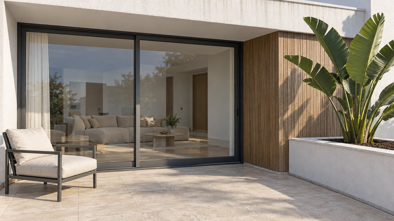 A contemporary recessed residential terrace with white stucco, charcoal-framed glass doors, weathered wood cladding and a broad-leaved plant in a raised planter.