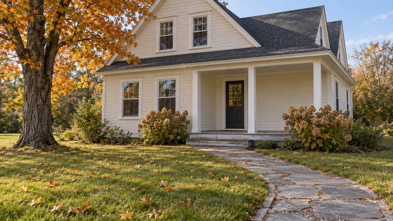 Cream clapboard home with a covered porch, broad autumn lawn, granite entry walk and a mature maple with amber leaves.