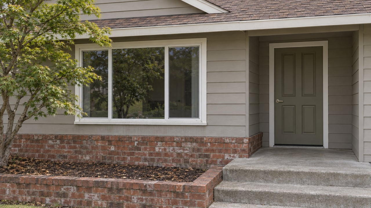 Close view of a gray wood-sided home with a recessed olive entry door, white sliding window, brick planting bed and Japanese maple.
