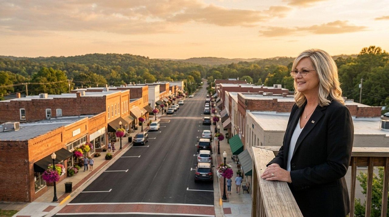 Woman in a black blazer overlooking a small-town main street at golden hour.