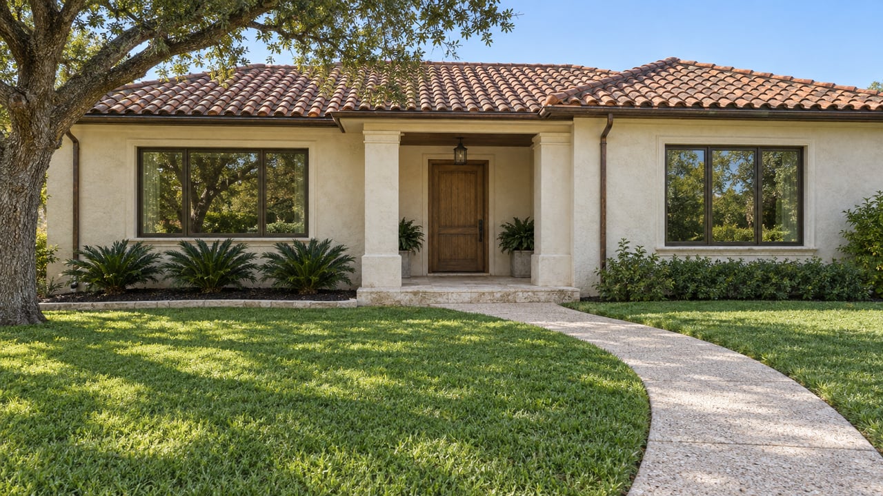 Cream stucco home with a terracotta roof, deep green lawn, curved entrance walk and mature live oak.