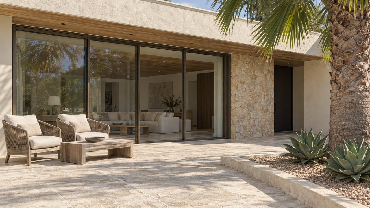Pale stone villa terrace with cream lounge chairs, bronze-framed glazing, a timber soffit and sculptural palm and agaves.