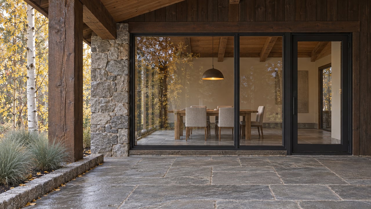 Covered flagstone terrace beside dark timber siding and granite stonework, with closed glazing revealing a warm dining room and golden aspen leaves at the edge.