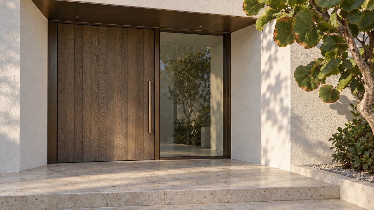 White stucco villa entrance with a smoked-oak door, bronze-framed sidelight, shell-limestone steps and sculptural sea-grape leaves.