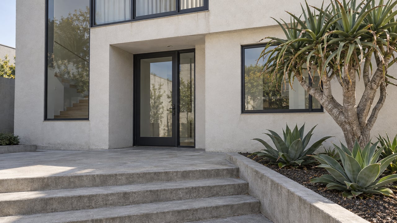 Off-white stucco residence with dark-framed windows, a recessed glazed entrance, concrete steps and sculptural succulents.