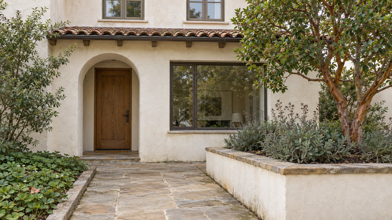 Ivory stucco home with an arched oak entrance, sandstone walk and a sculptural strawberry tree in a raised planter.