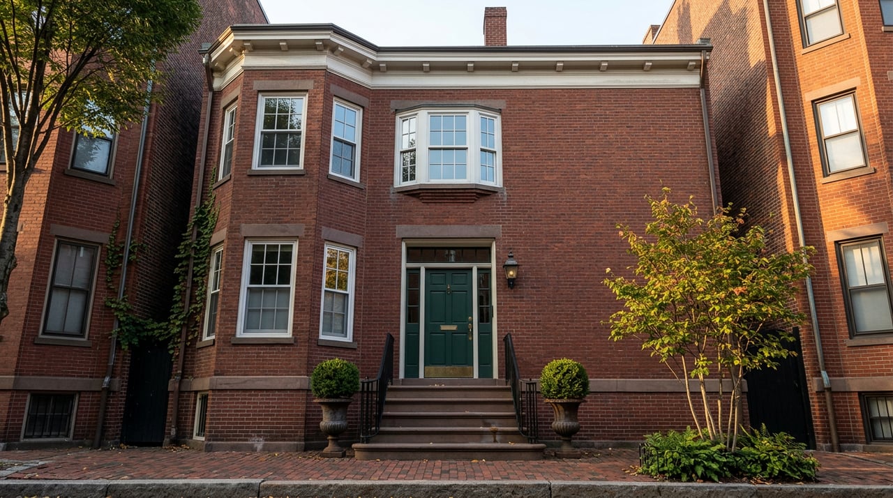 Red-brown brick rowhouse with a green door, stone stoop, clipped boxwoods, and a cornice beneath a chimney.