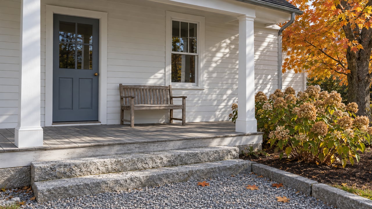 White clapboard porch with a slate-blue door, weathered cedar floor, granite steps and autumn hydrangea beside a copper-leaved maple.