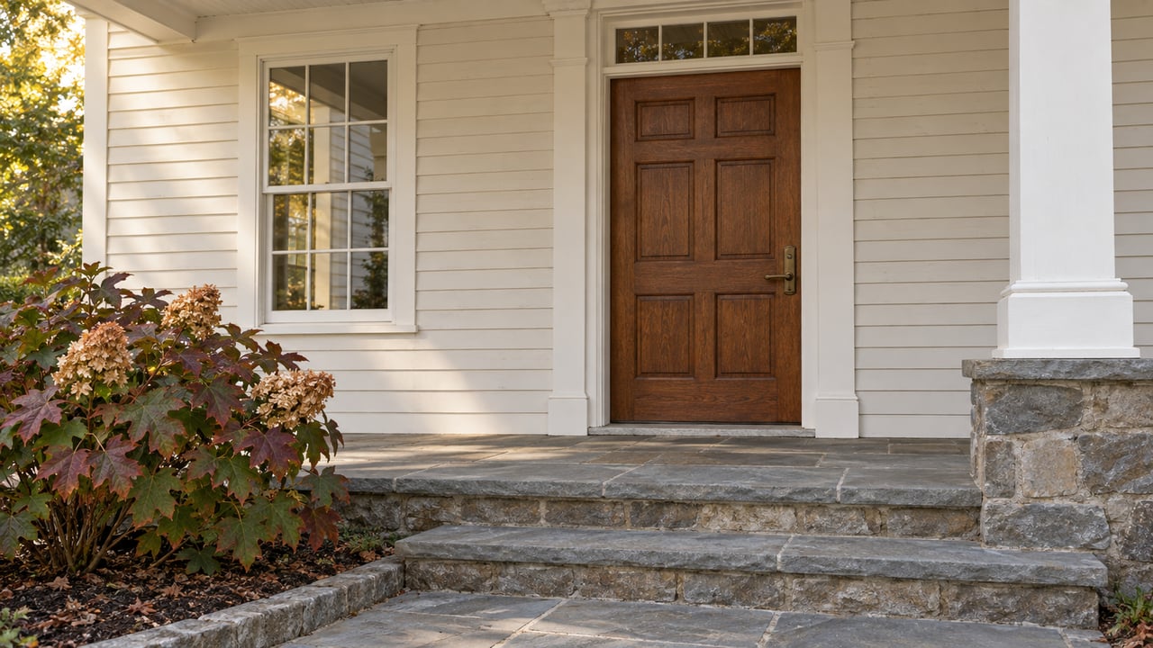 Traditional home's covered entrance with a warm oak door, white clapboard, blue-gray stone steps and autumn oakleaf hydrangea.