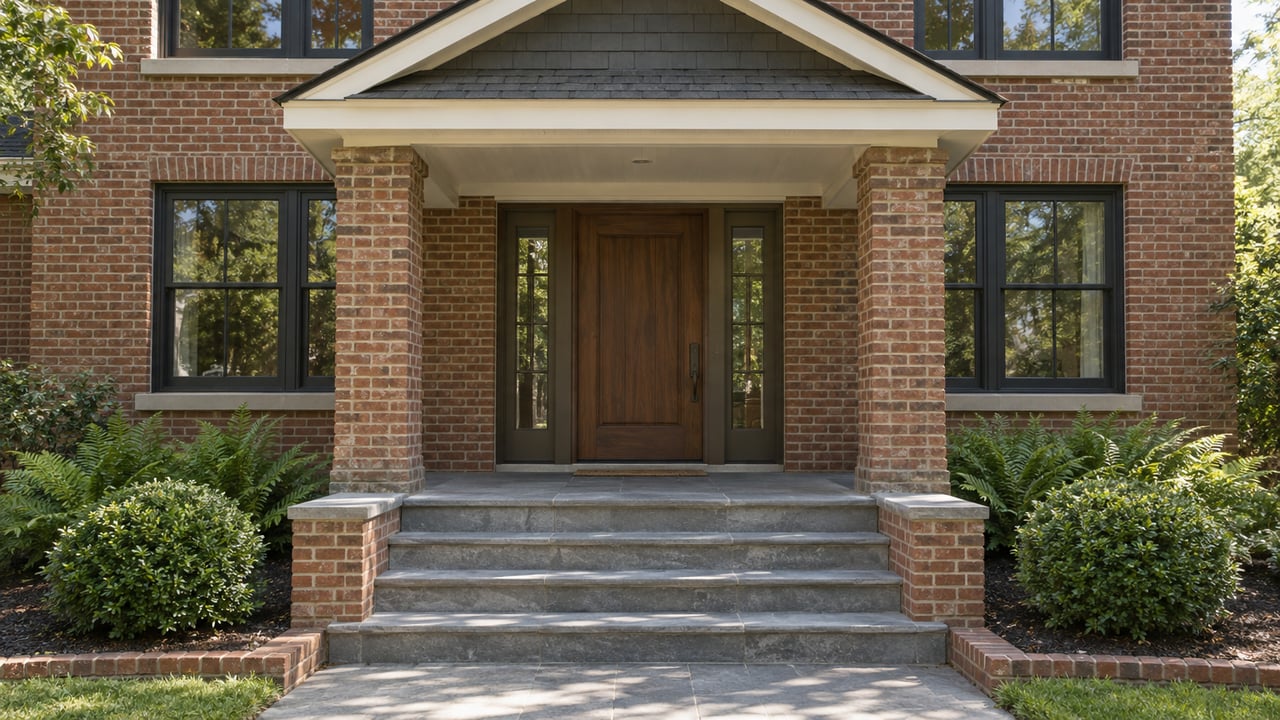 Brick home entry with a walnut door, glazed sidelights, bluestone steps and planted beds in natural afternoon light.