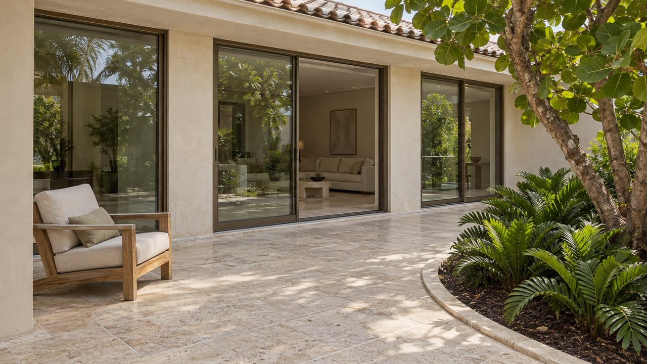 Pale travertine garden terrace beside a warm-white villa, with bronze-framed glass doors, a weathered teak chair and sculptural sea grape foliage.