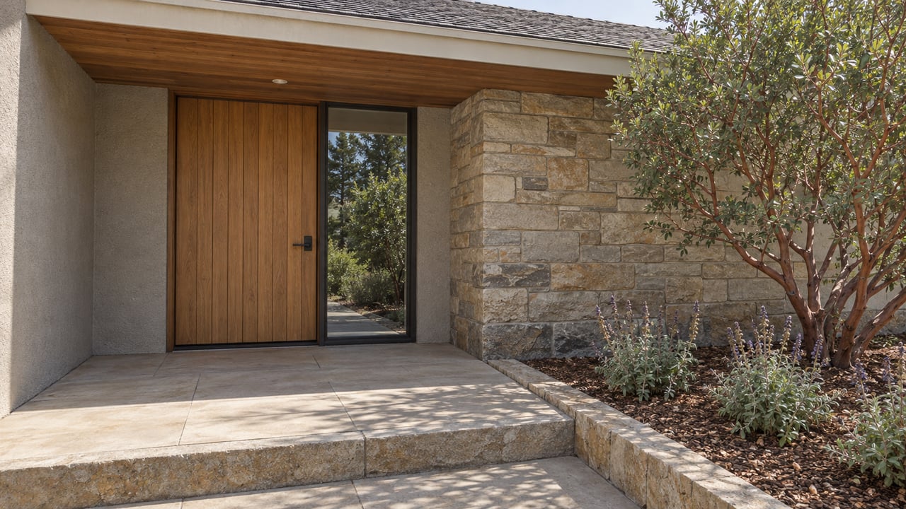 Recessed wood entry with a glazed sidelight, sandstone wall, broad paver landing, and sculptural manzanita planting.