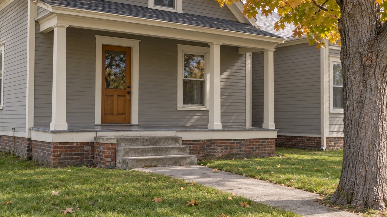 A modest clapboard home with a covered porch, brick foundation and concrete front walk beneath an autumn maple.