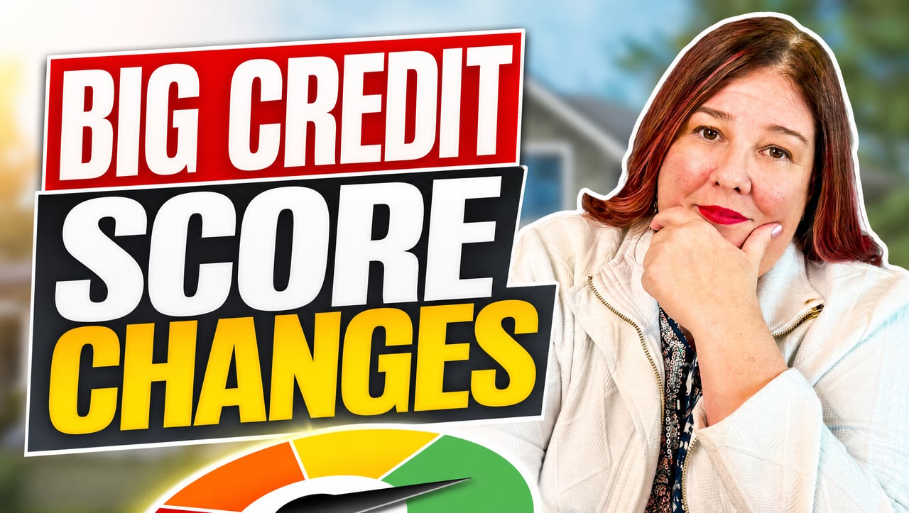 Big credit score changes video thumbnail with a woman and a multicolored credit gauge.