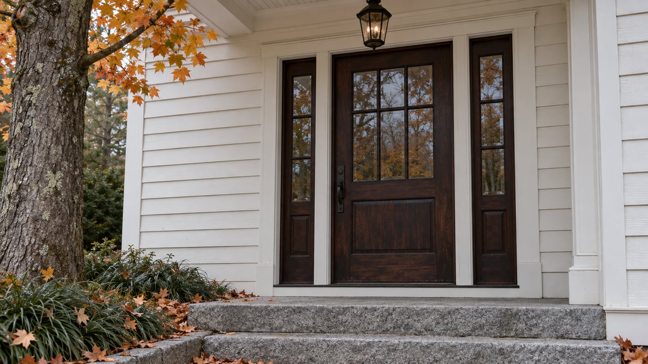 Off-white clapboard house entry with a six-pane dark door, granite steps, and an autumn maple at the side.