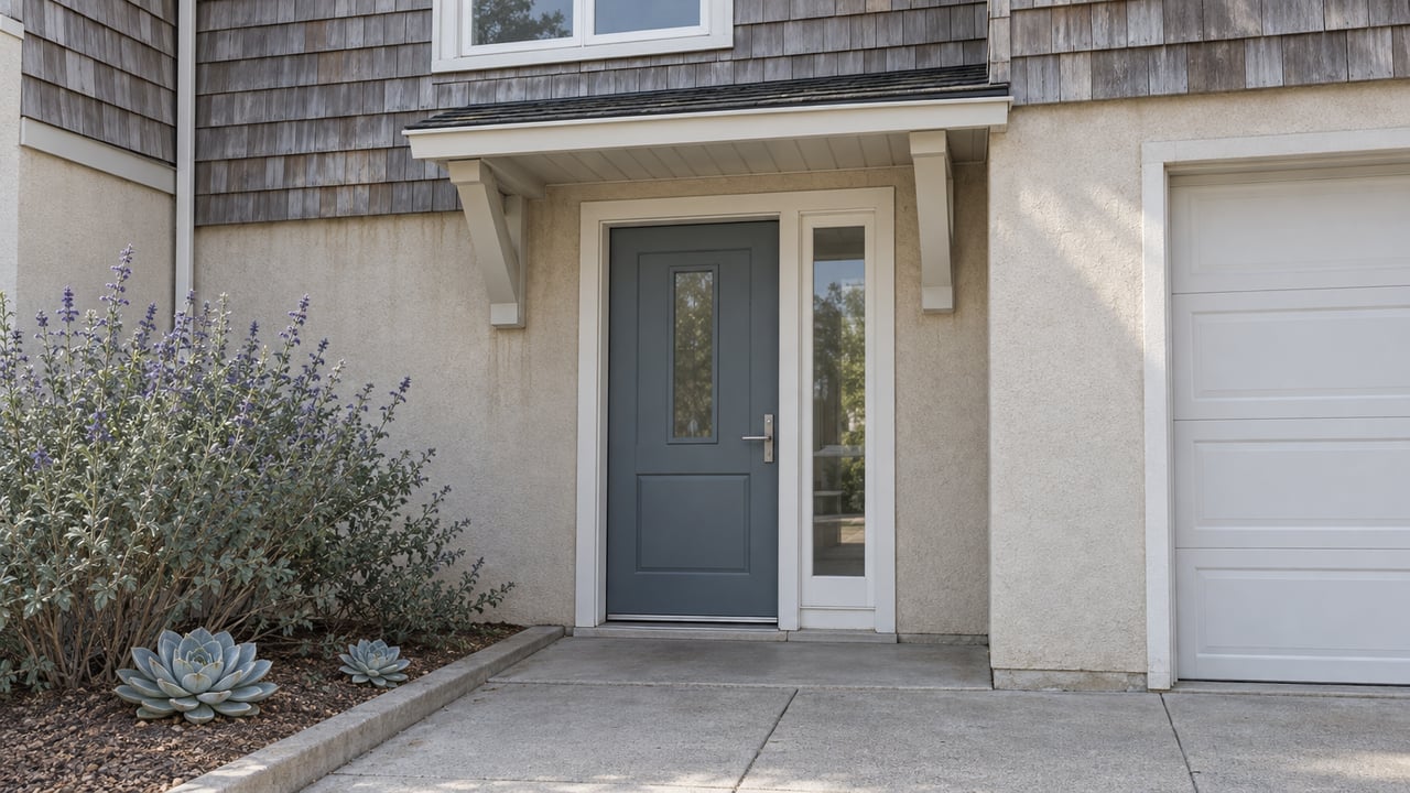 Close view of a blue-gray townhouse entry beneath weathered cedar shingles, with sand-colored stucco, concrete paving, and a curbed bed of Cleveland sage and chalk dudleya.