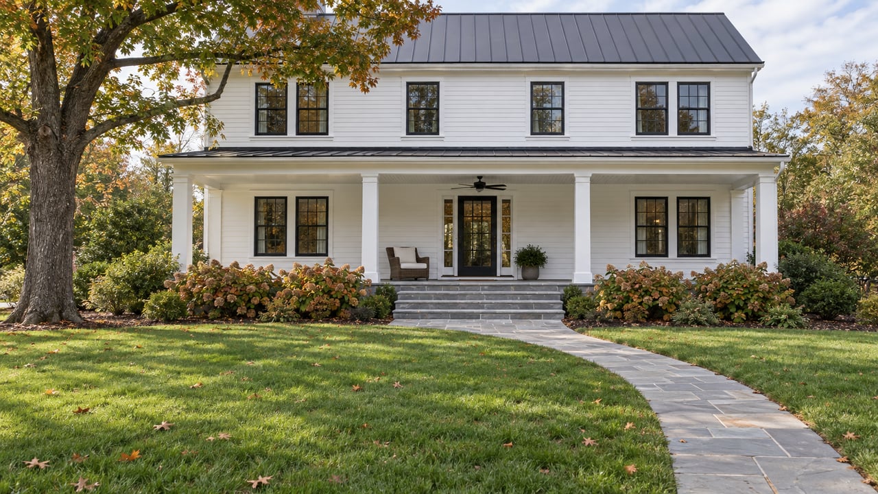 White clapboard home with a deep covered veranda, a broad autumn lawn, bluestone approach and a mature oak.