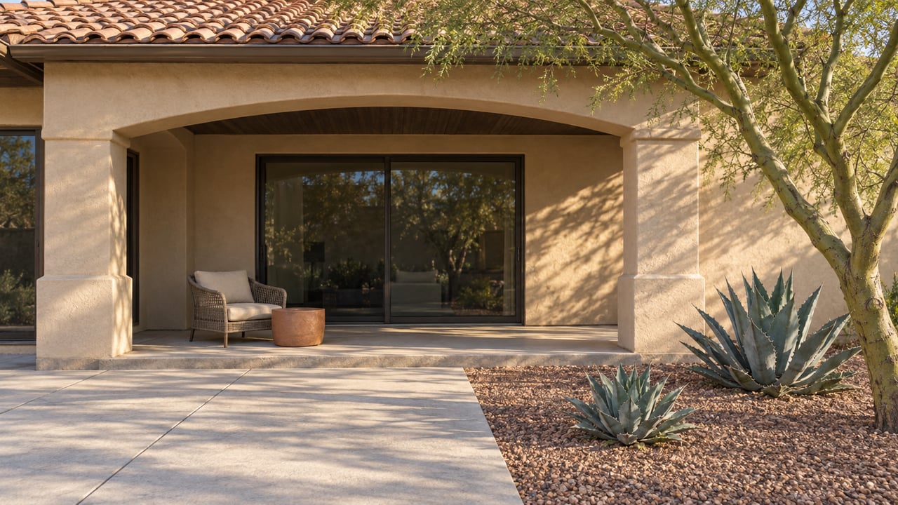 Sand-colored stucco home with a tiled roof, shaded arched patio, bronze-framed sliding doors and a green-trunked tree beside two agaves.