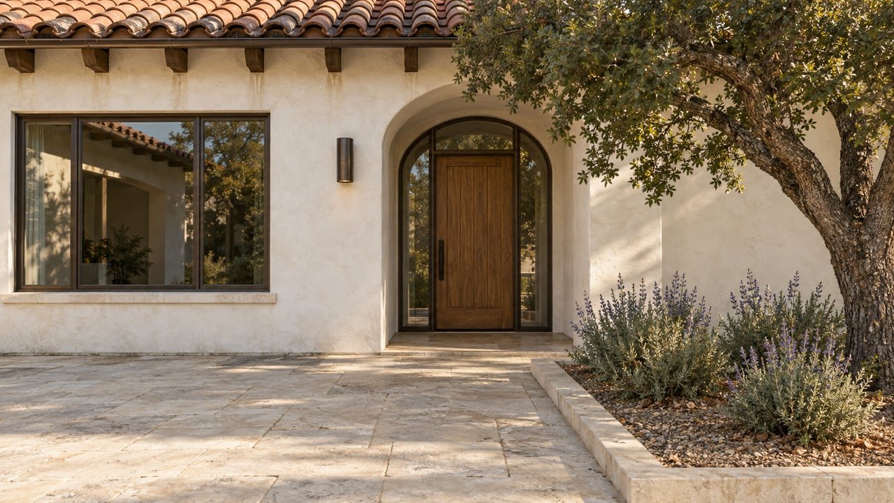 White stucco home with weathered clay roof tiles, an oak entry door, limestone approach and a mature oak beside a planted bed.