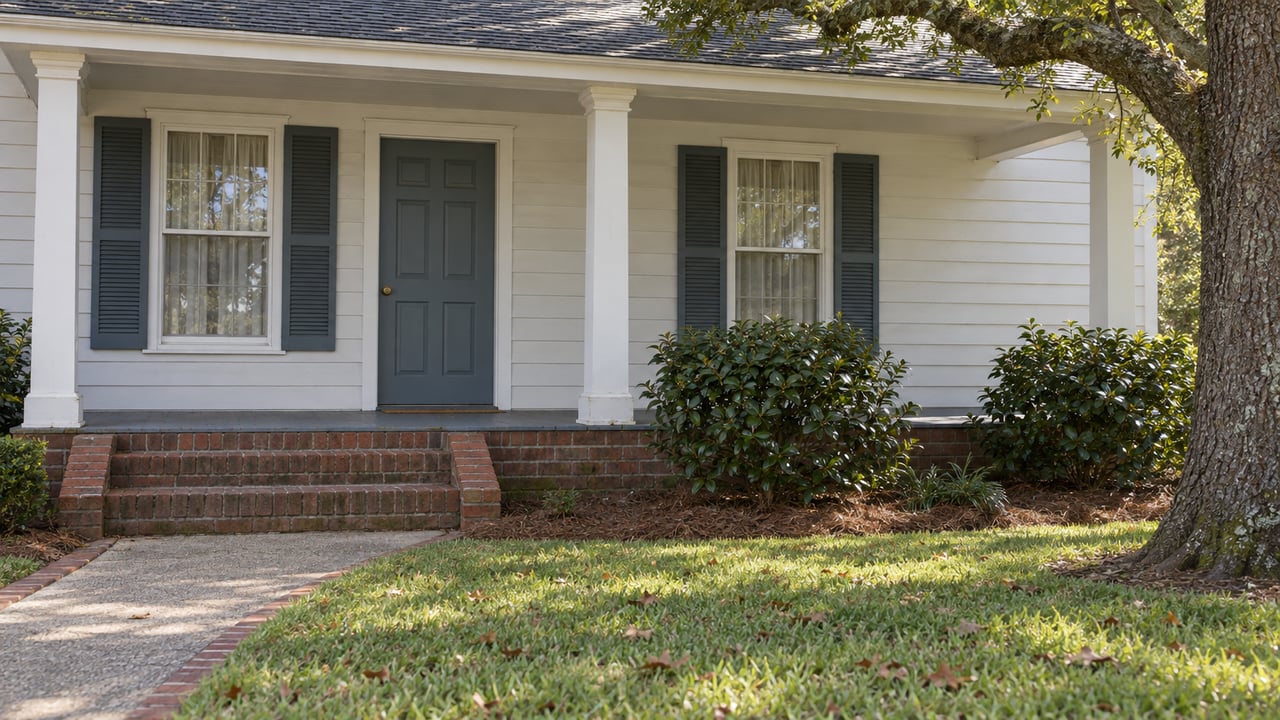 A light-sided single-story home with a brick porch, blue-gray door, established lawn and a spreading live oak.
