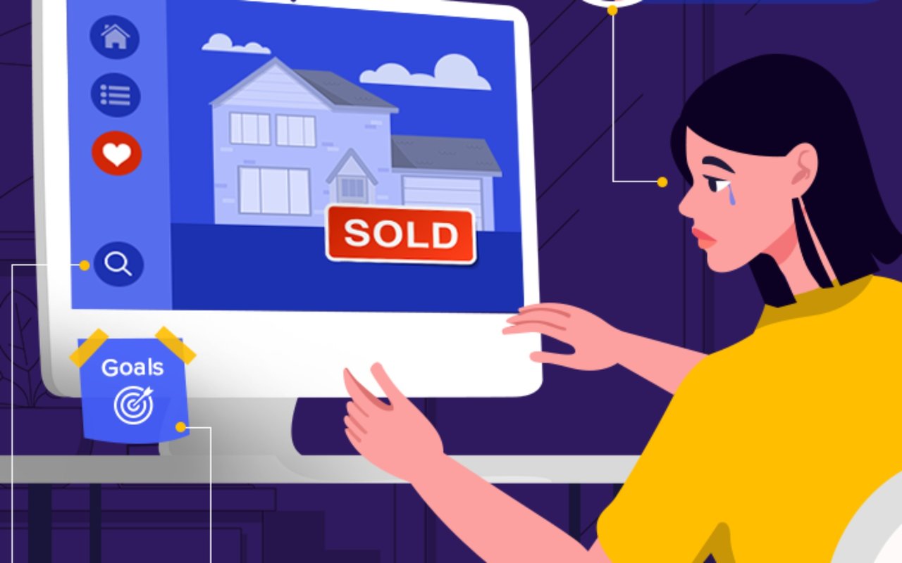 A crying woman looks at a computer screen showing a house marked SOLD.