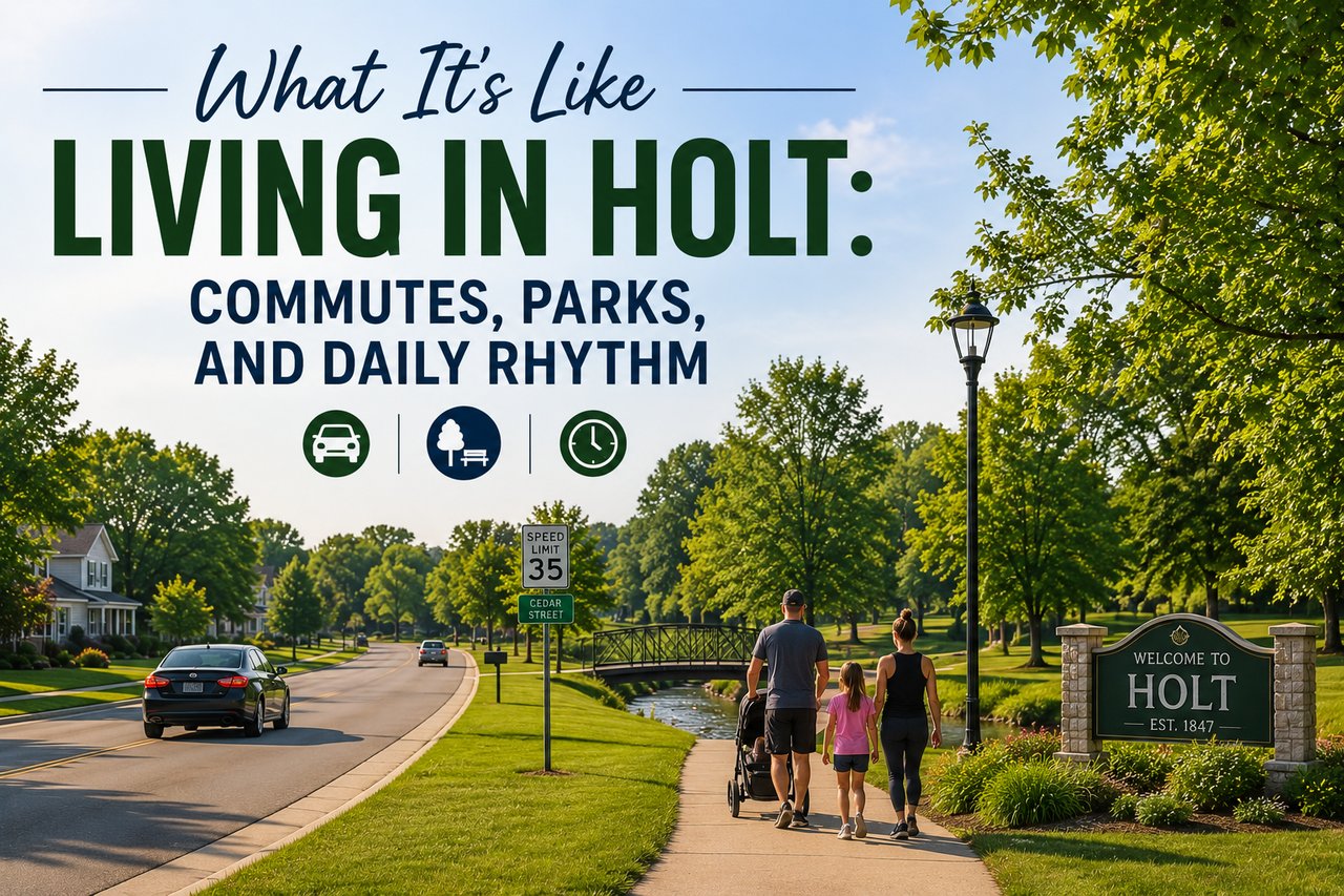 Family walking near Welcome to Holt sign on tree-lined street, What It's Like Living in Holt