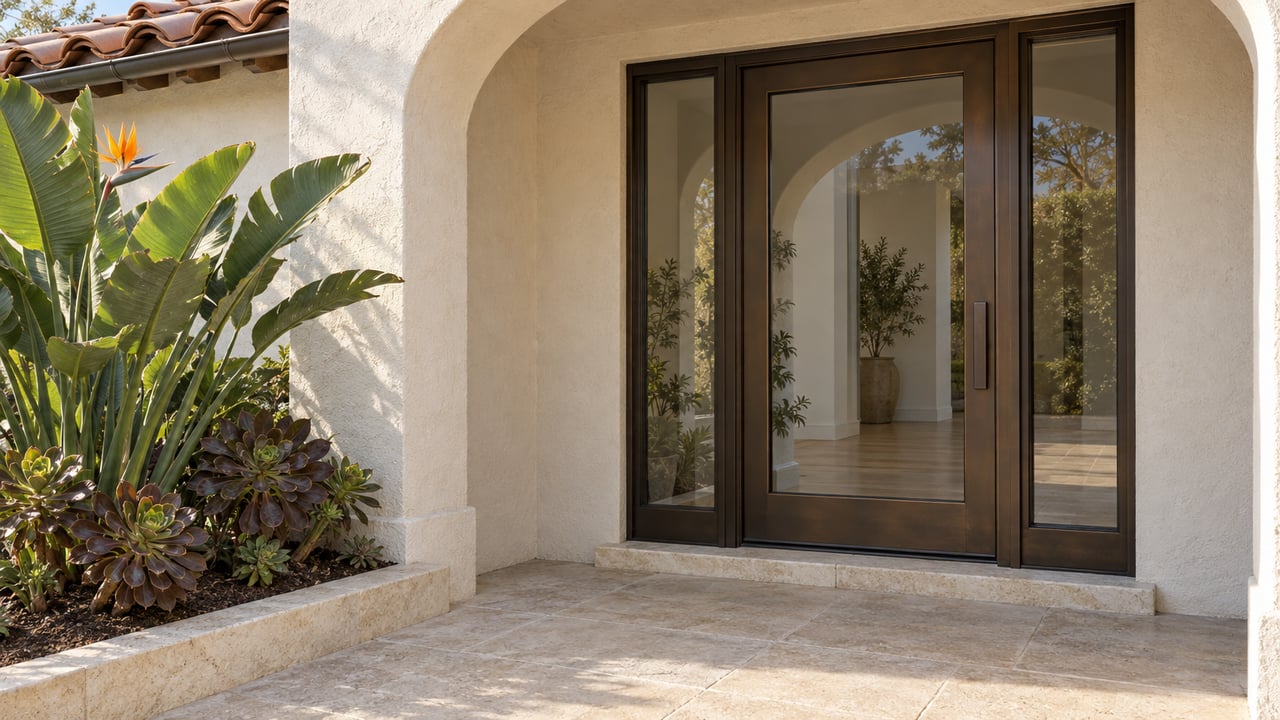 Afternoon light across a white stucco arched home entrance with bronze-framed glass doors, limestone paving and bird-of-paradise planting.