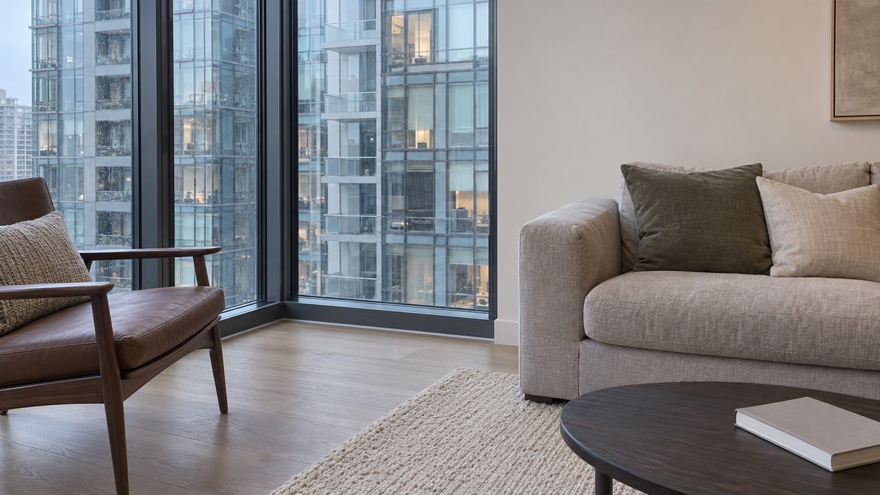 Condominium living room with pale oak flooring, a gray sofa and walnut chair beside floor-to-ceiling windows facing a glass facade.