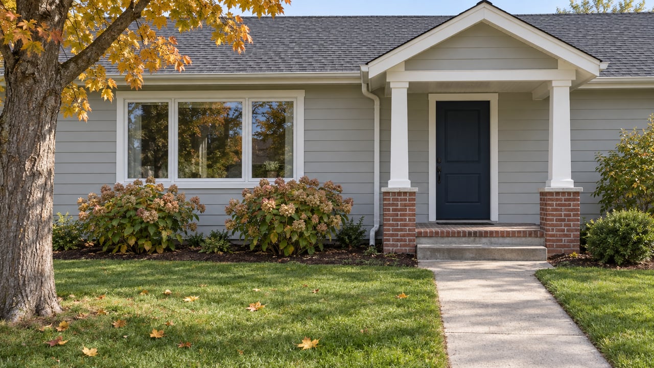 Gray house with a covered, brick-supported porch, dark front door, and autumn tree beside the lawn.
