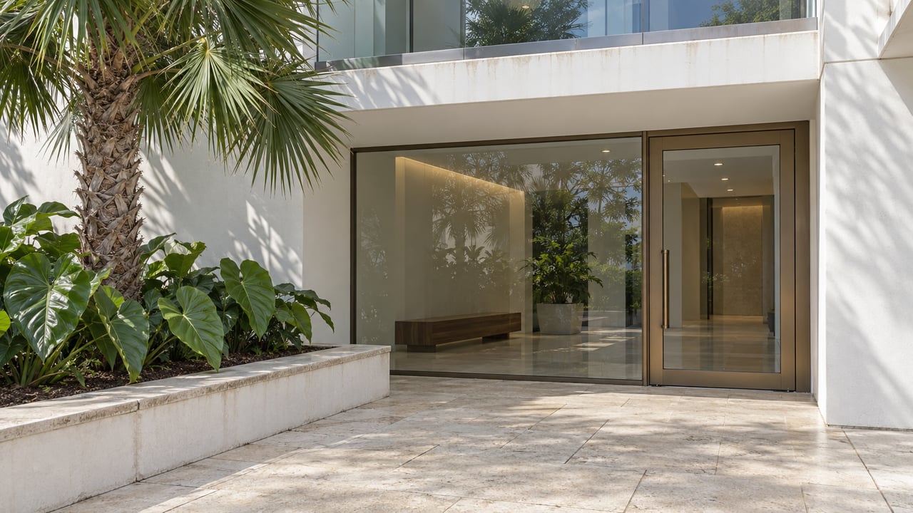 Modern home entrance with glass doors, a stone-paved approach, and tropical landscaping.