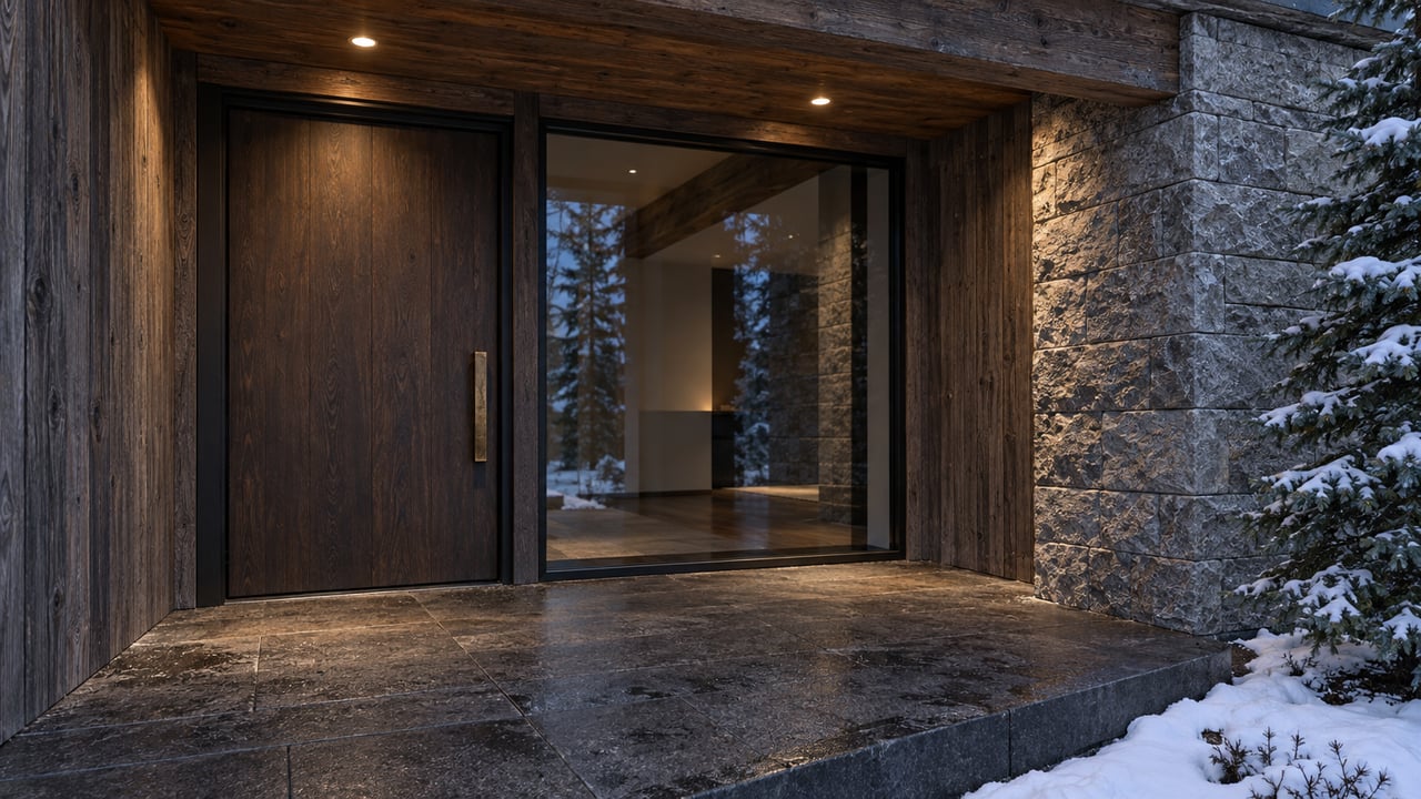A recessed timber and stone house entrance at dusk, with a granite landing and snow resting beneath spruce branches.