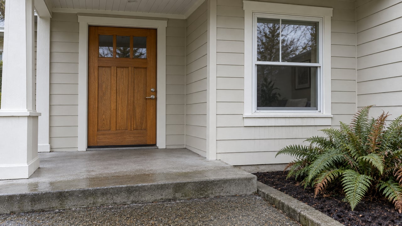 Covered entry with a warm oak door, ivory siding, white-trimmed window, and rain-darkened concrete beside two sword ferns.