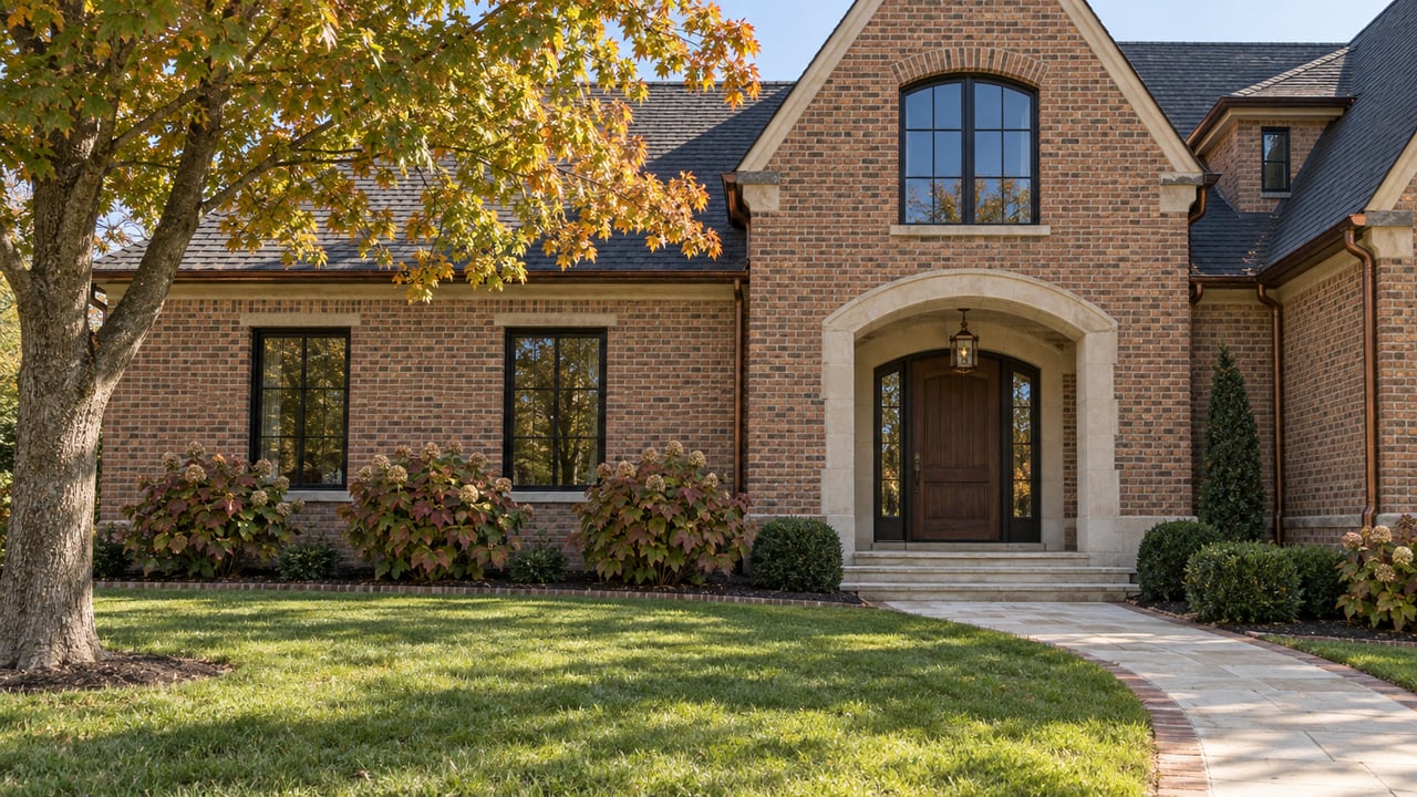 Brick home with a steep gabled roof, limestone entry and deep front lawn beneath an early-autumn maple.