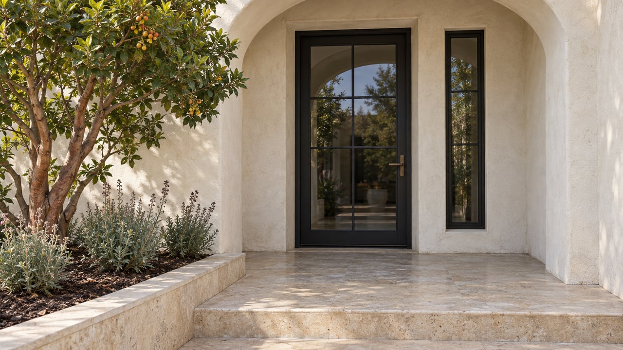 Ivory stucco arched entry with a black steel glass door, limestone landing, and a strawberry tree in a raised stone planting bed.