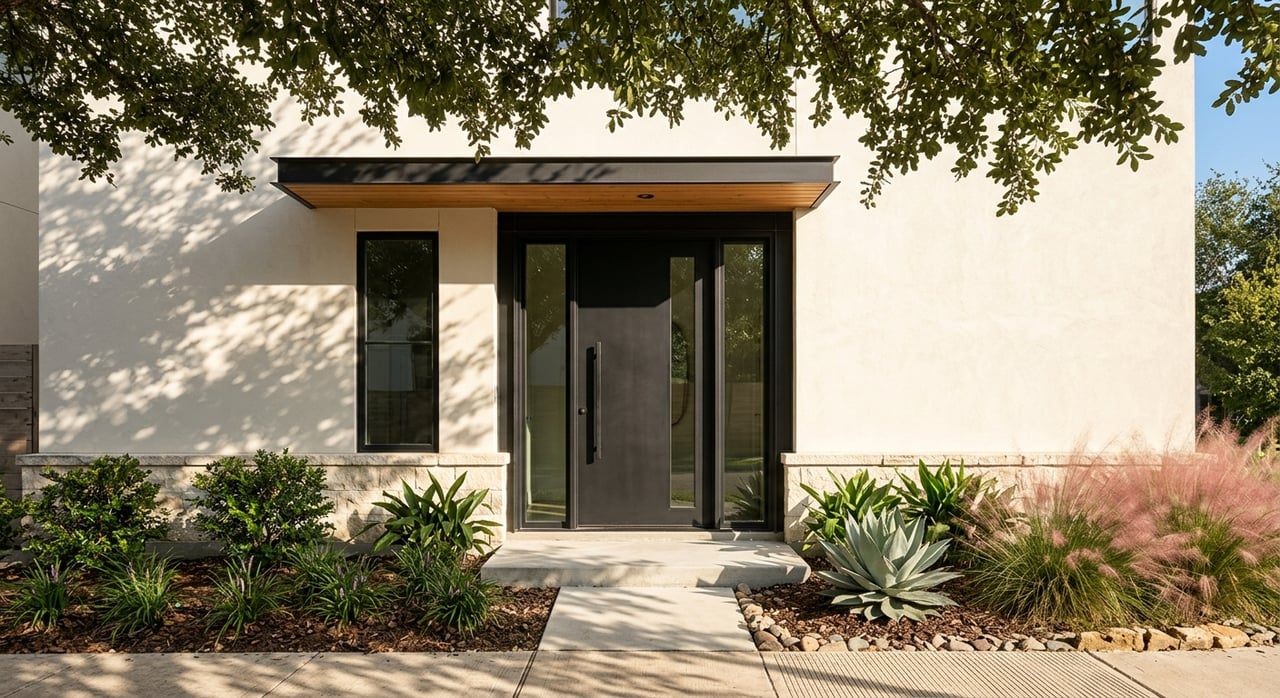 Modern stucco townhome entry with black steel-and-glass door, limestone steps, and clipped greenery beneath oak branches.