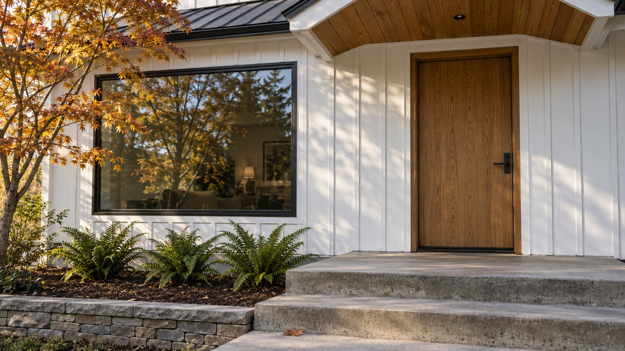Afternoon light crosses a white board-and-batten home entry with an oak door, dark-framed window, concrete steps and amber vine maple.