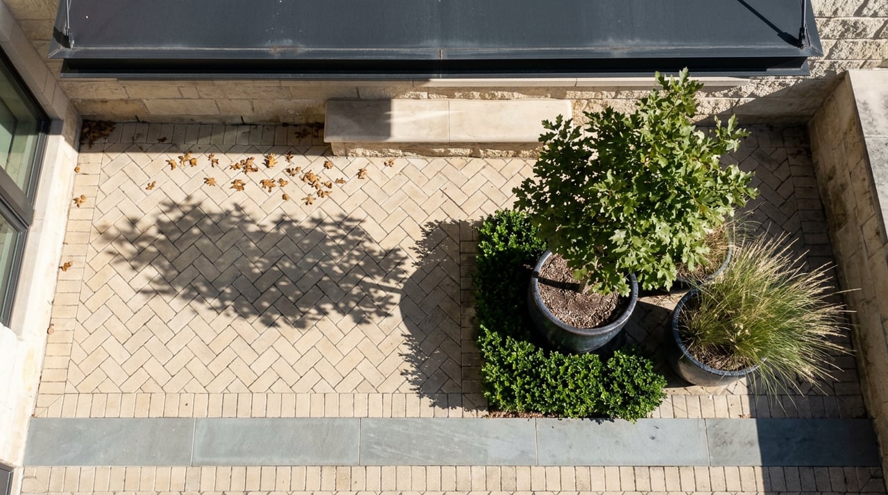 Overhead view of a limestone-paved courtyard with a red oak in charcoal planters and scattered leaves.