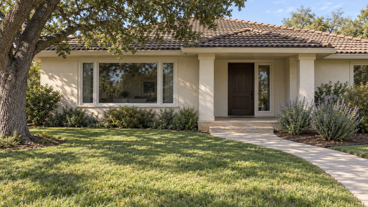 An ivory stucco home with a brown hip roof, recessed porch, mature oak and deep green front lawn in warm afternoon light.