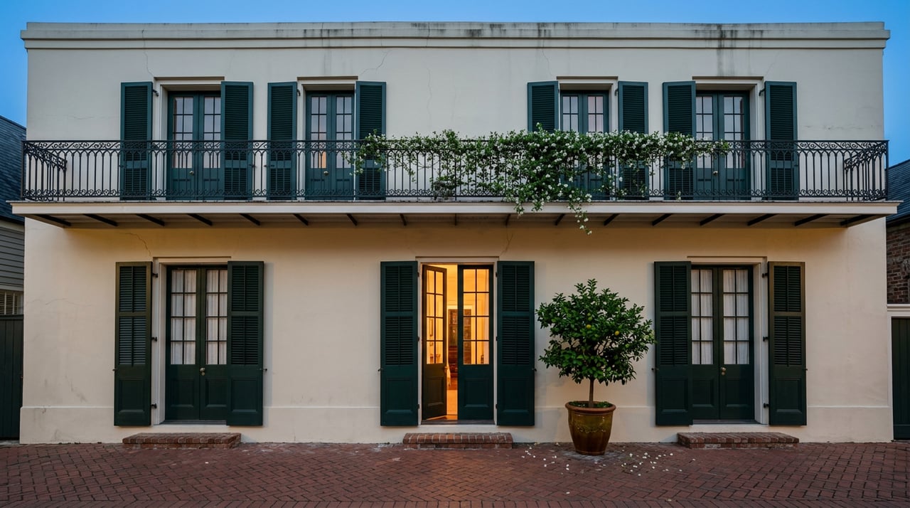 Dusk rowhouse with warm light through open green doors, wrought-iron balcony, and deep blue sky.