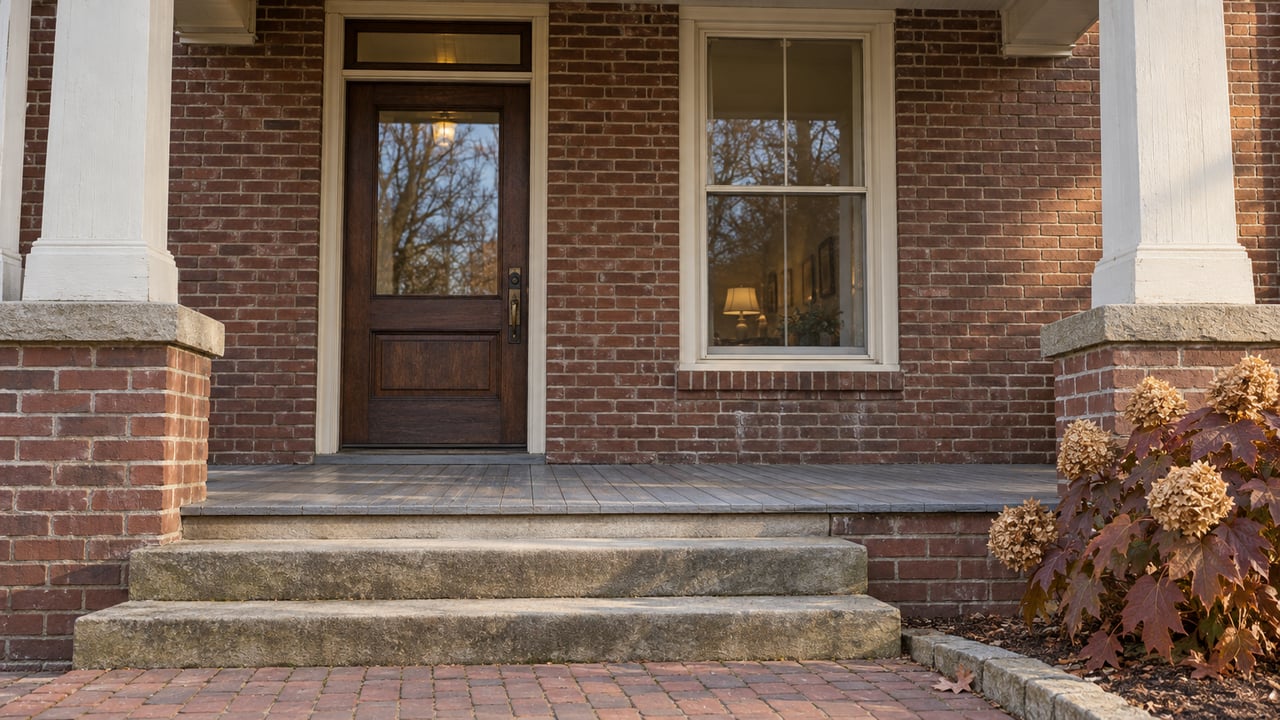 Autumn light on an older brick home's oak entry door, cream porch columns and worn sandstone steps beside an oakleaf hydrangea.