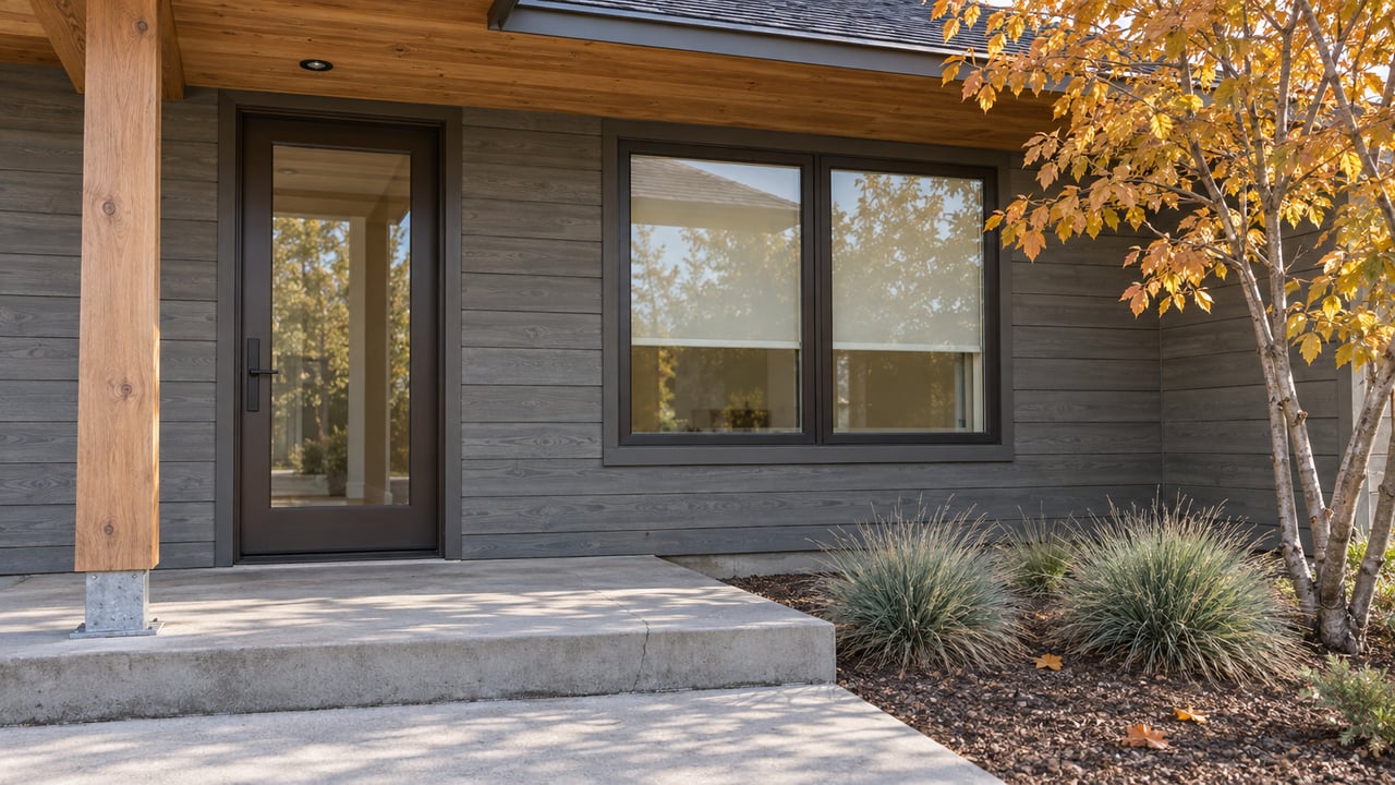 Sunlit timber porch with a glazed front door, gray wood siding, and autumn serviceberry beside a concrete landing.